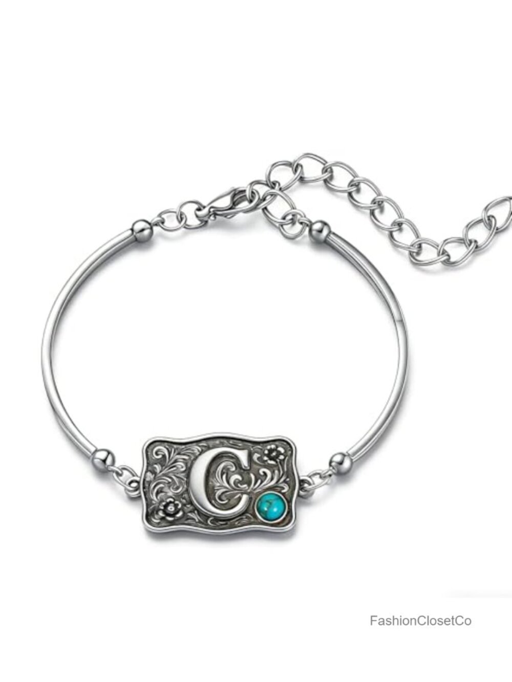 Western Bangle Bracelet Initial Charm Turquoise Accent Adjustable Copper